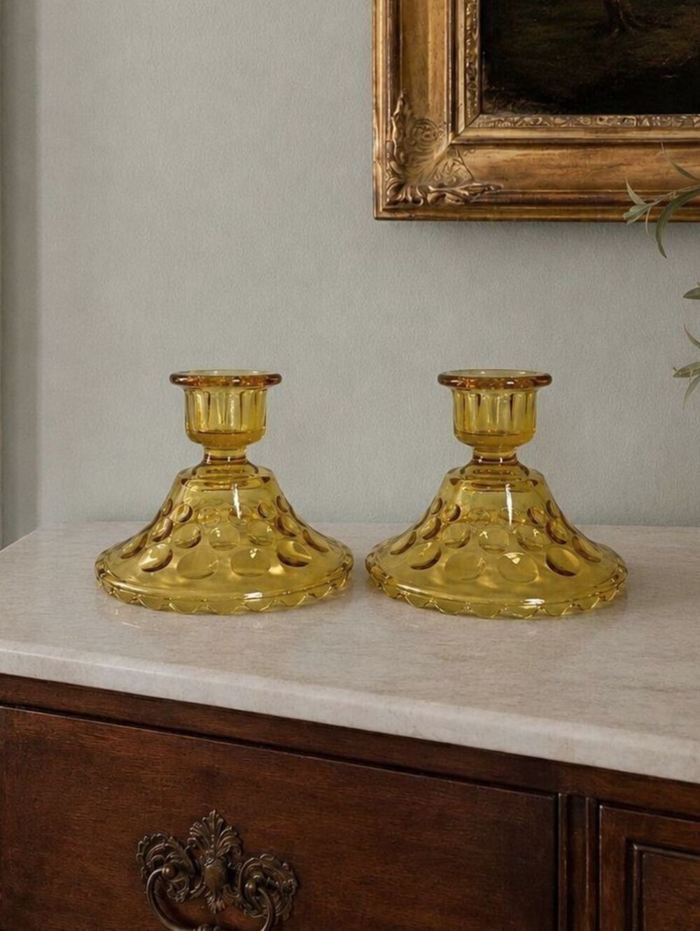 Vintage MCM Hazel Atlas Eldorado Gold Amber Optic Dot Candlestick Holders